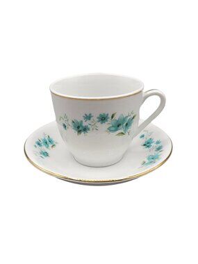Tea Cup Saucer Set Porcelain Turquoise Floral Pattern Flowers Gold Trim Dainty